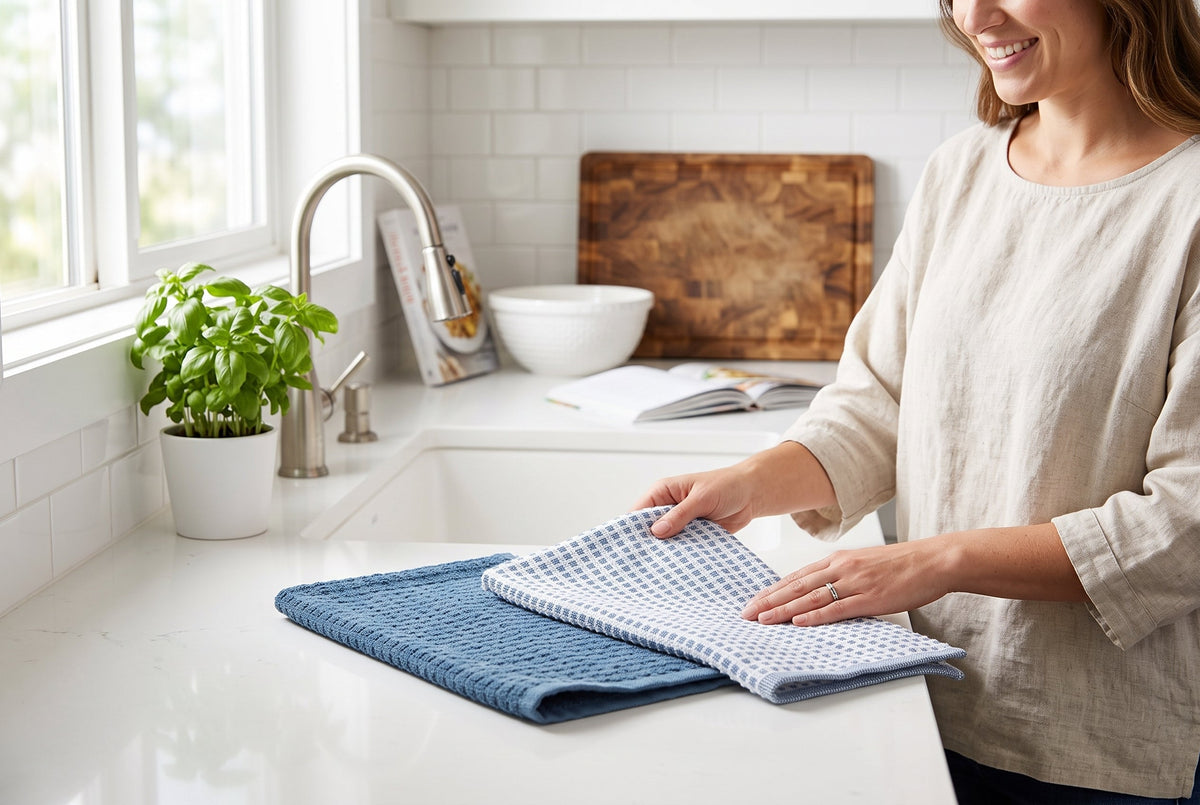 Set of 2 Cotton Woven Terry Kitchen Towels, Textured and Check, 16 x 24 in – view 2