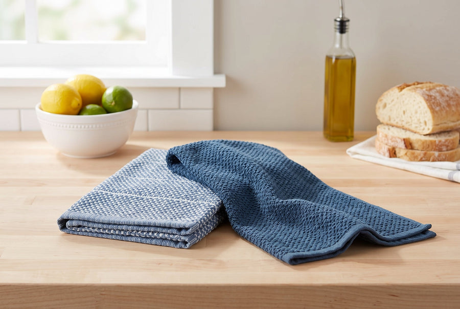 Set of 2 Cotton Woven Terry Kitchen Towels, Textured and Stripe, 16 x 24 in