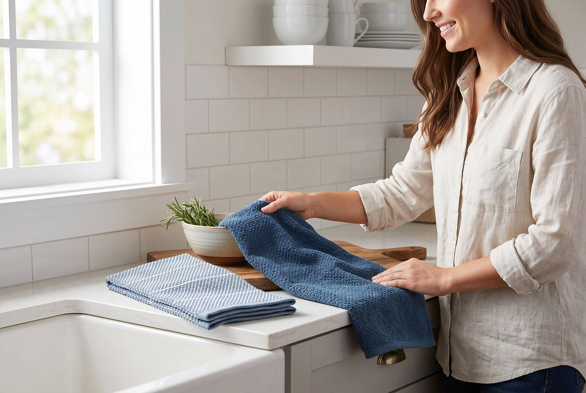 Set of 2 Cotton Woven Terry Kitchen Towels, Textured and Stripe, 16 x 24 in – view 2