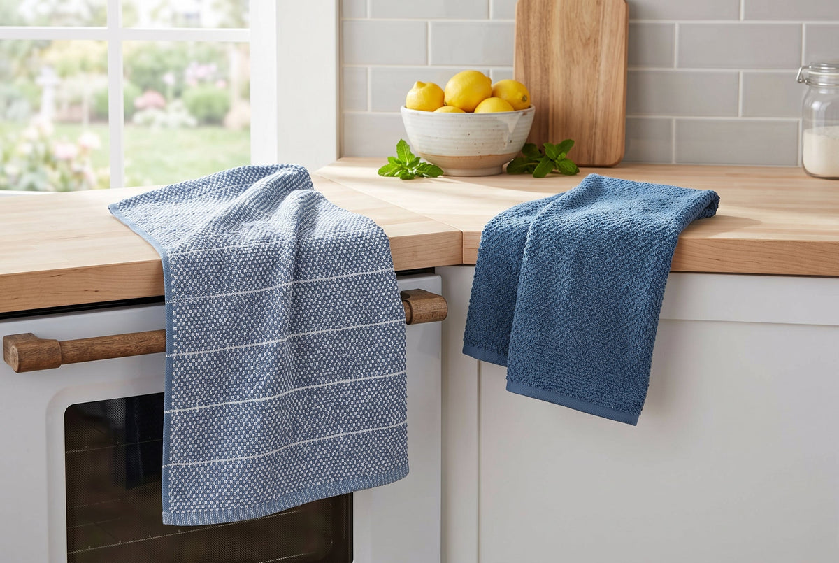 Set of 2 Cotton Woven Terry Kitchen Towels, Textured and Stripe, 16 x 24 in – view 3