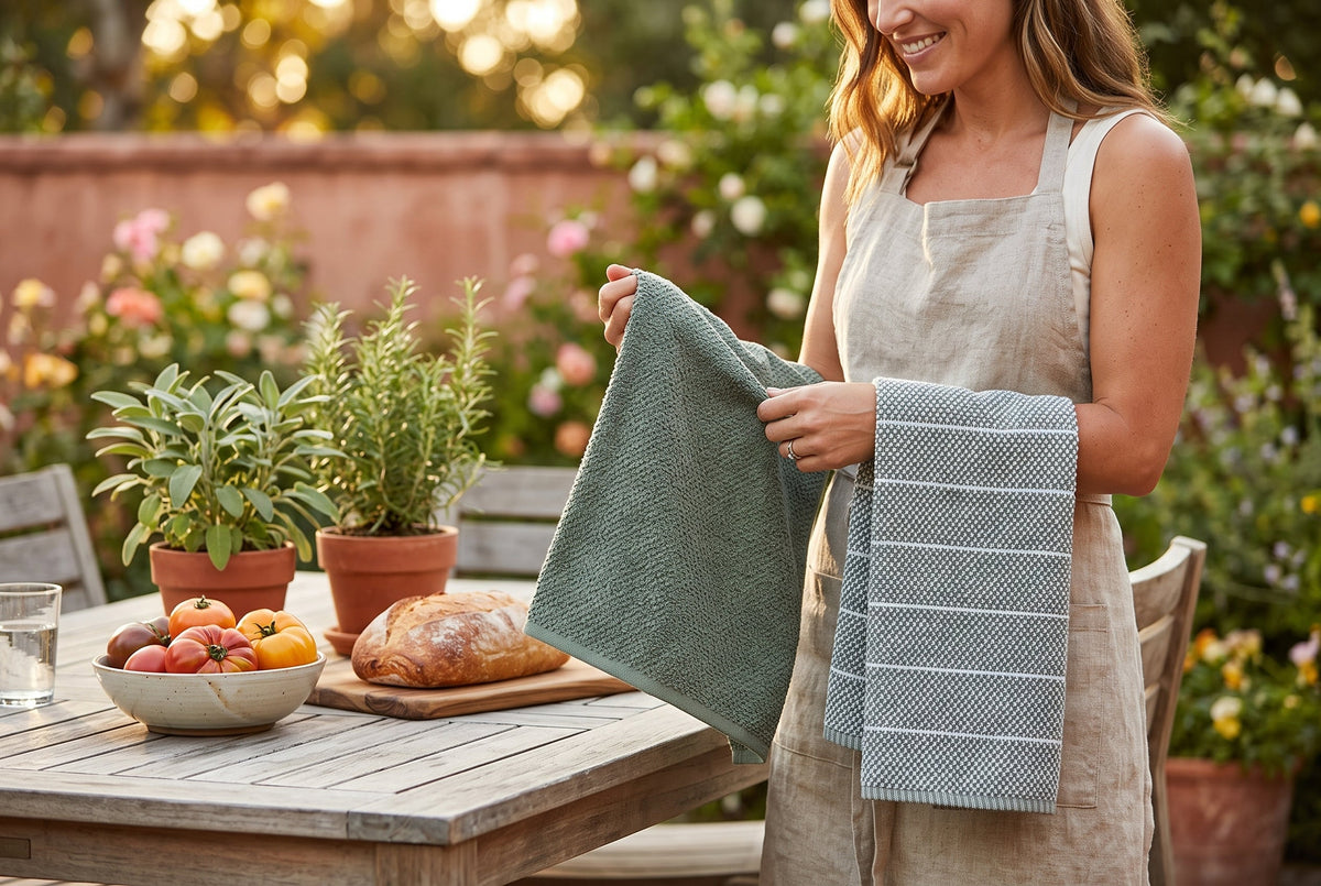 Set of 2 Cotton Woven Terry Kitchen Towels, Textured and Stripe, 16 x 24 in – view 5