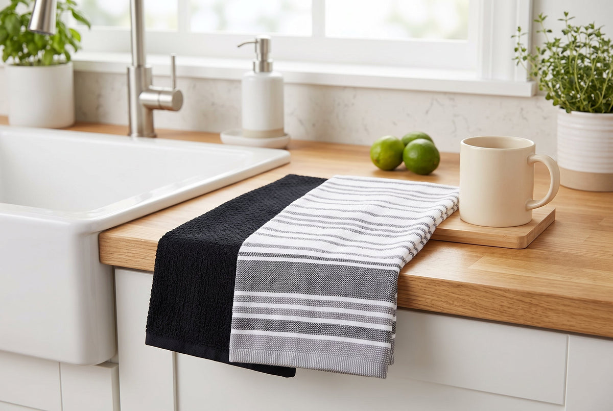 Set of 2 Cotton Terry Kitchen Towels, Plain and Striped, 16 x 24 in – view 7