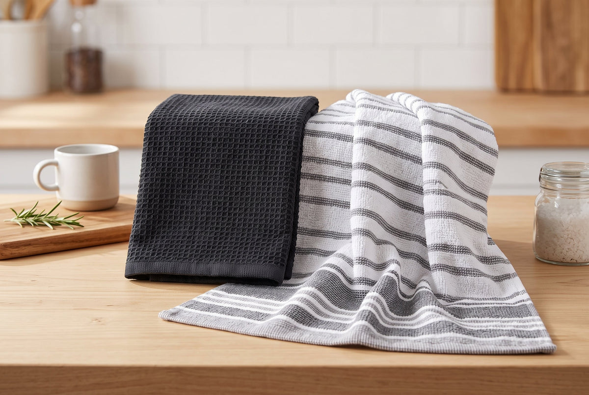 Set of 2 Cotton Terry Kitchen Towels, Plain and Striped, 16 x 24 in – view 9