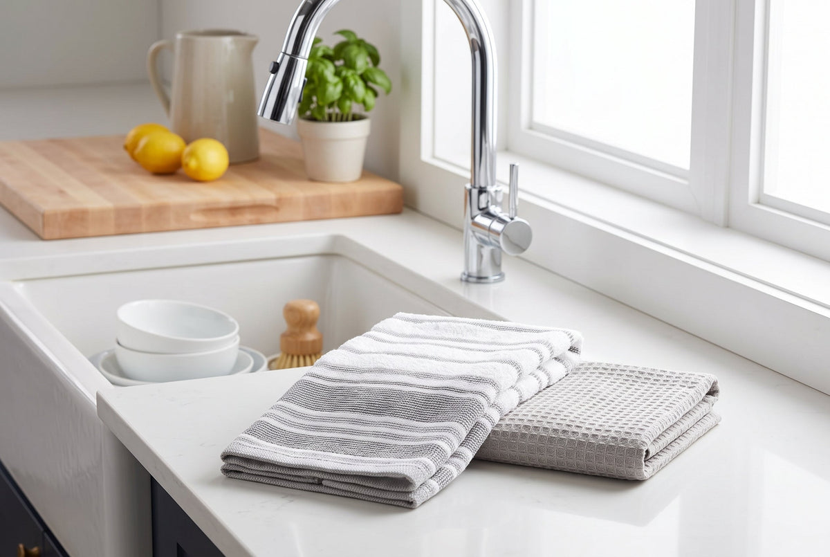 Set of 2 Cotton Terry Kitchen Towels, Plain and Striped, 16 x 24 in – view 4