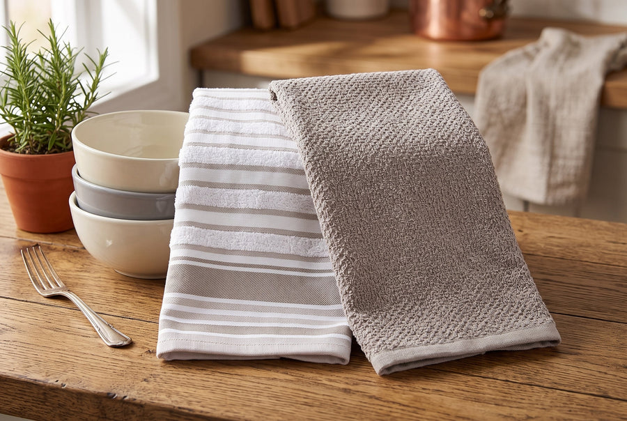 Set of 2 Cotton Terry Kitchen Towels, Plain and Striped, 16 x 24 in