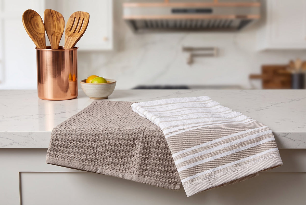 Set of 2 Cotton Terry Kitchen Towels, Plain and Striped, 16 x 24 in – view 3