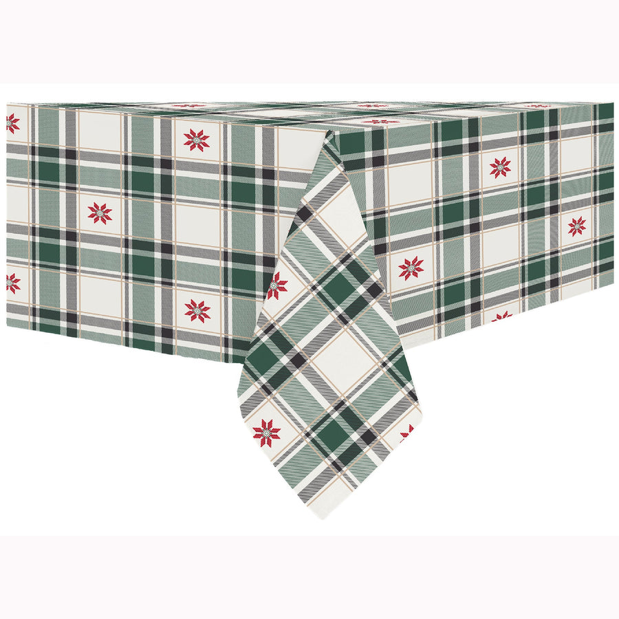 Green and Cream Plaid Christmas Tablecloth with Gold Foil Accents, 52 x 70 in