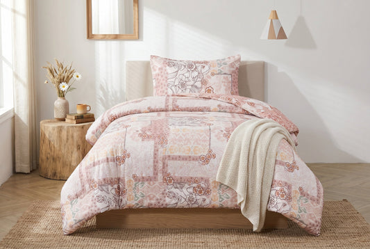 Reversible Pink Floral Paisley Patchwork Twin Comforter Set, 2-Piece, Blush and Coral
