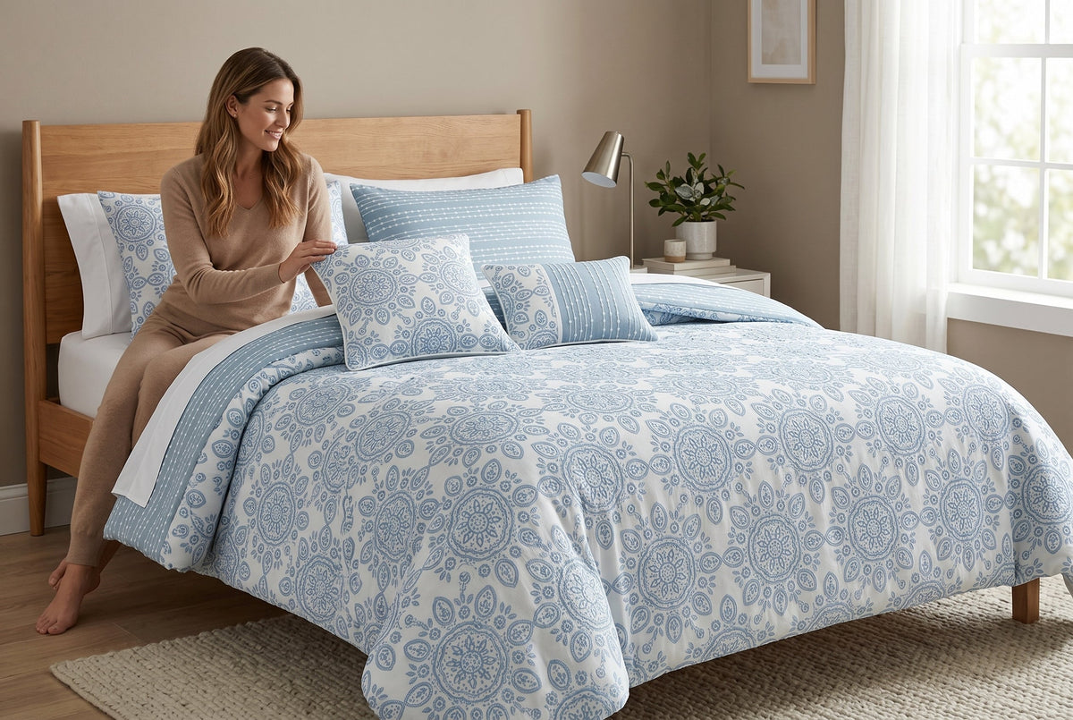 Reversible Clipped Jacquard Medallion 5-Piece Comforter Set, Double/Queen, Light Blue and White – view 3