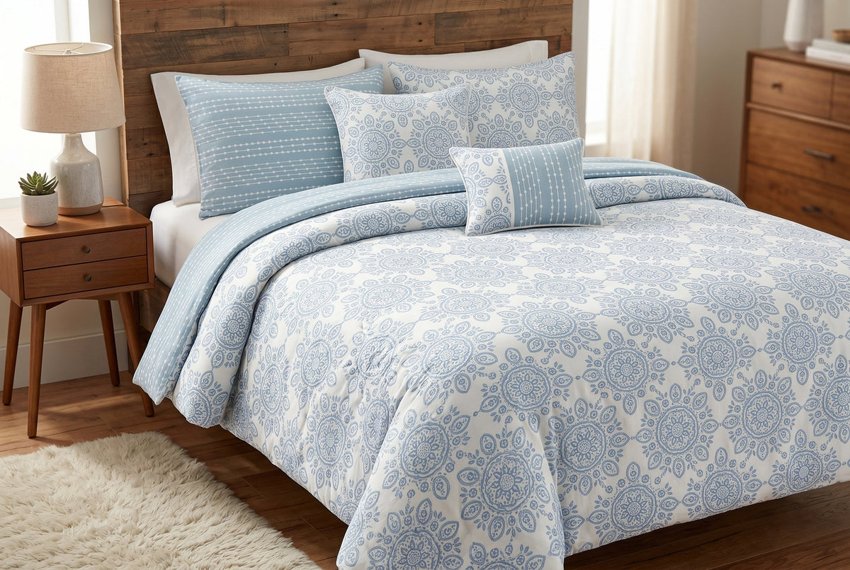 Reversible Clipped Jacquard Medallion 5-Piece Comforter Set, Double/Queen, Light Blue and White