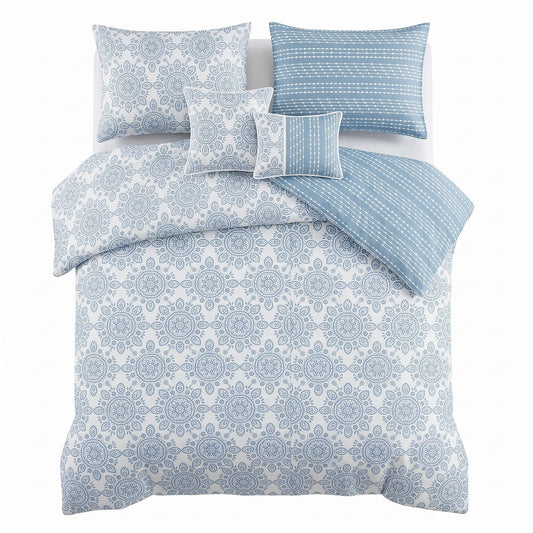 Reversible Clipped Jacquard Medallion 5-Piece Comforter Set, Double/Queen, Light Blue and White – view 2