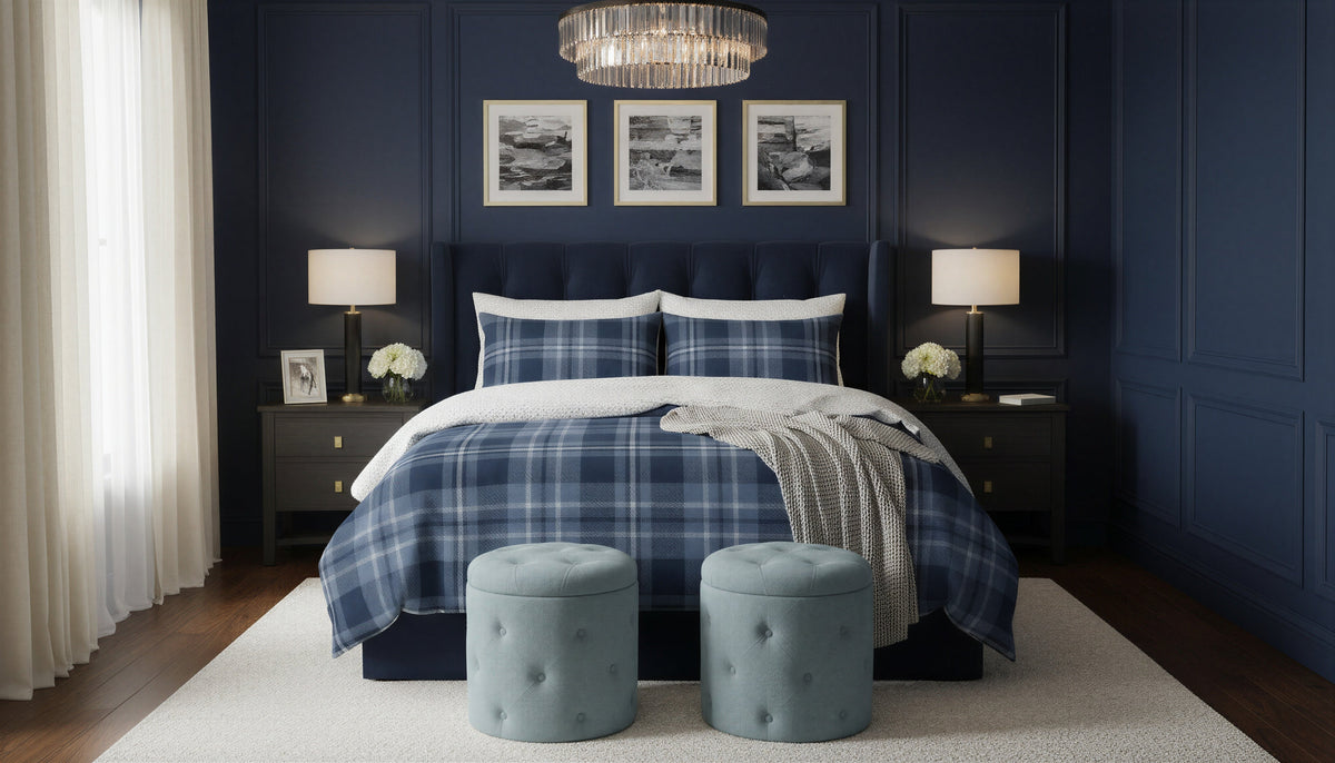 Navy Plaid Faux Mink 3-Piece Comforter Set with Sherpa Reverse, Double/Queen – view 2
