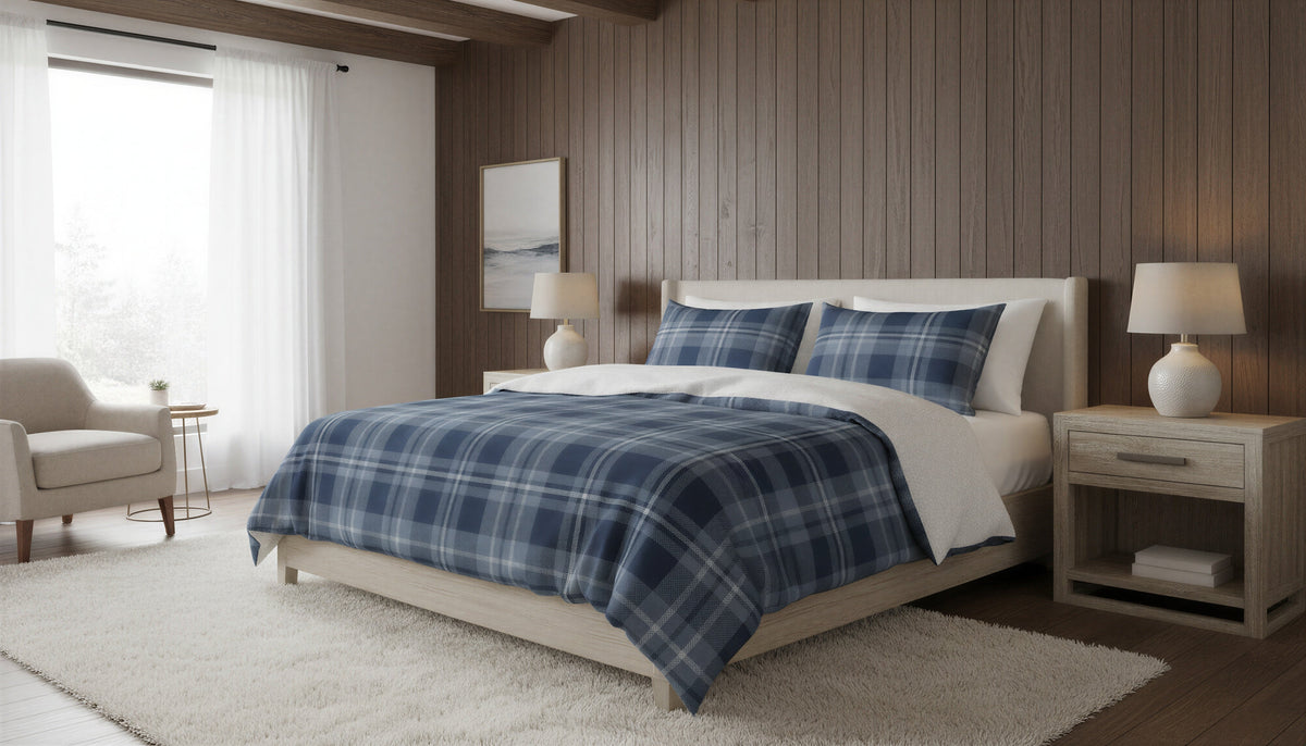 Navy Plaid Faux Mink 3-Piece Comforter Set with Sherpa Reverse, Double/Queen