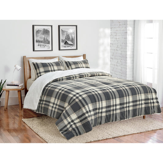 Gray and Cream Plaid Faux Mink 3-Piece Comforter Set with Sherpa Reverse, Double/Queen