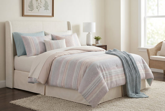 Ivory Printed Stripe 7-Piece Comforter Set with Gray and Blush Accents, Queen