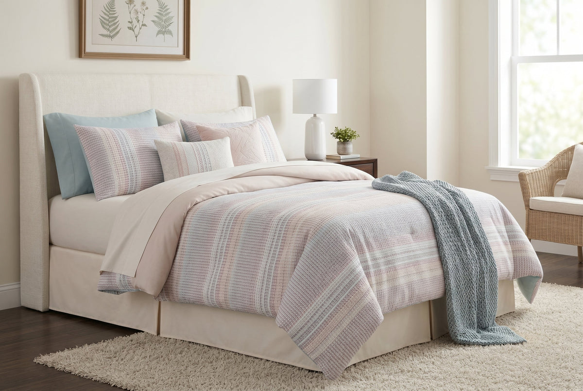 Ivory Printed Stripe 7-Piece Comforter Set with Gray and Blush Accents, King