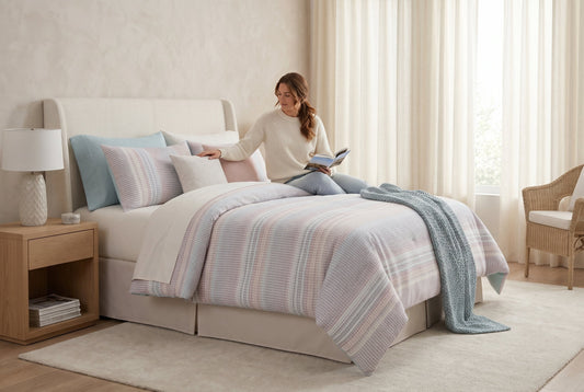 Ivory Printed Stripe 7-Piece Comforter Set with Gray and Blush Accents, King – view 2