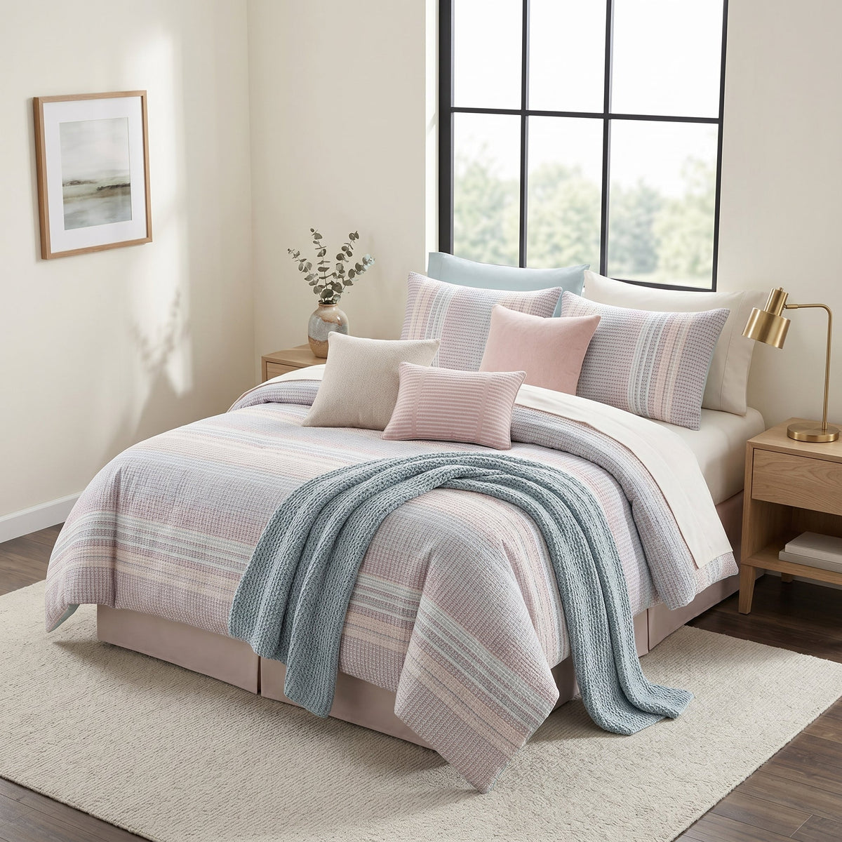 Ivory Printed Stripe 7-Piece Comforter Set with Gray and Blush Accents, King – view 6