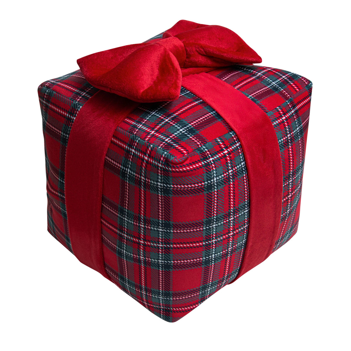 3D Gift Box Christmas Accent Pillow, Red Tartan Knit with Bow, 10 x 10 in