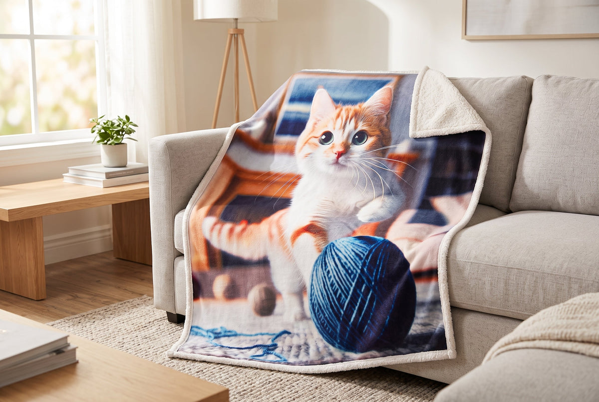 Photo-Real Cat with Yarn Ball Sherpa Throw Blanket, 48 x 60 in