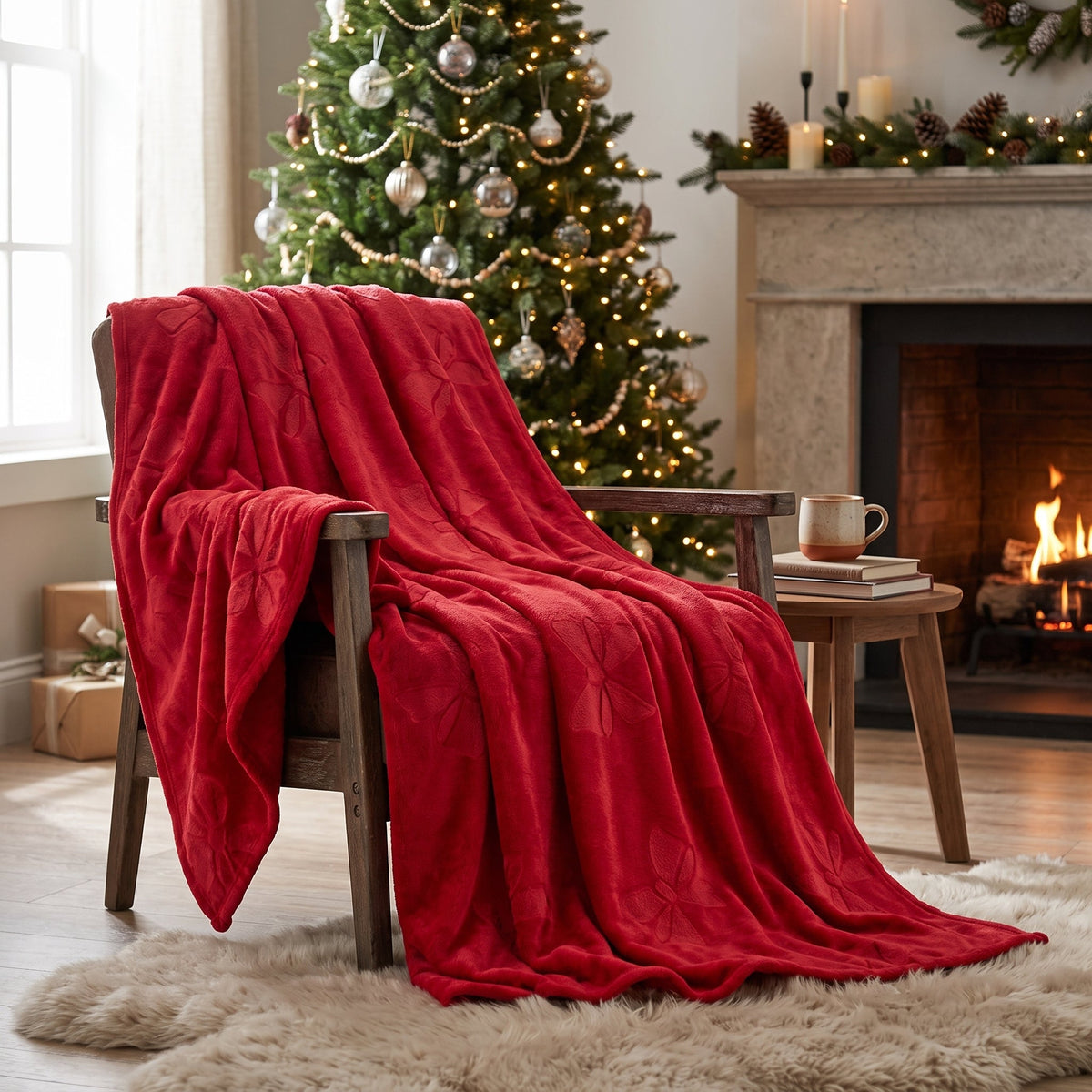 Red Plush Christmas Throw Blanket with Embossed Bows, 48 x 60 in – view 2