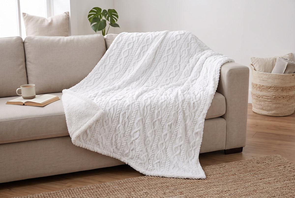 Cable Knit Sherpa Blanket, 60 x 80 in, Off White