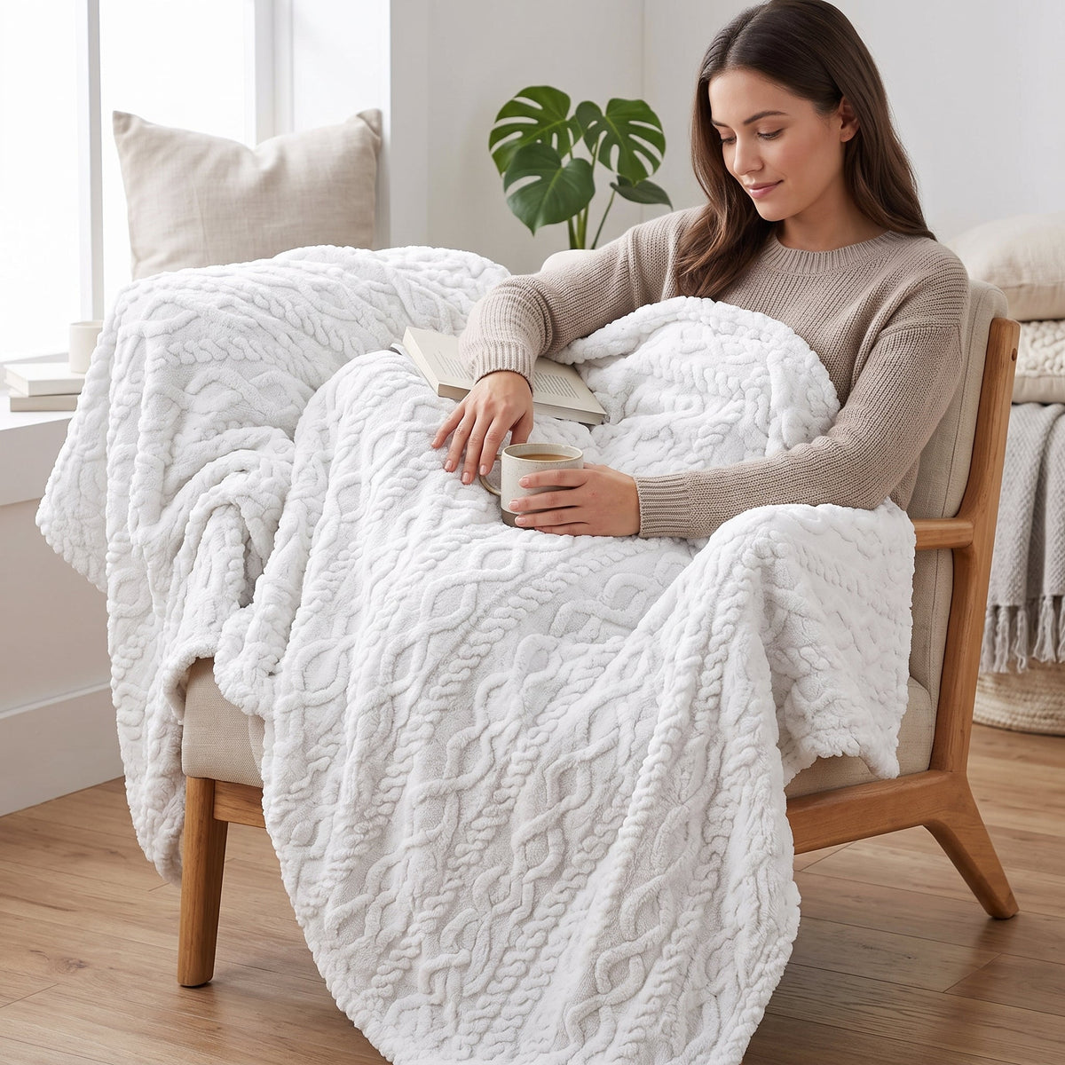 Cable Knit Sherpa Blanket, 60 x 80 in, Off White – view 4