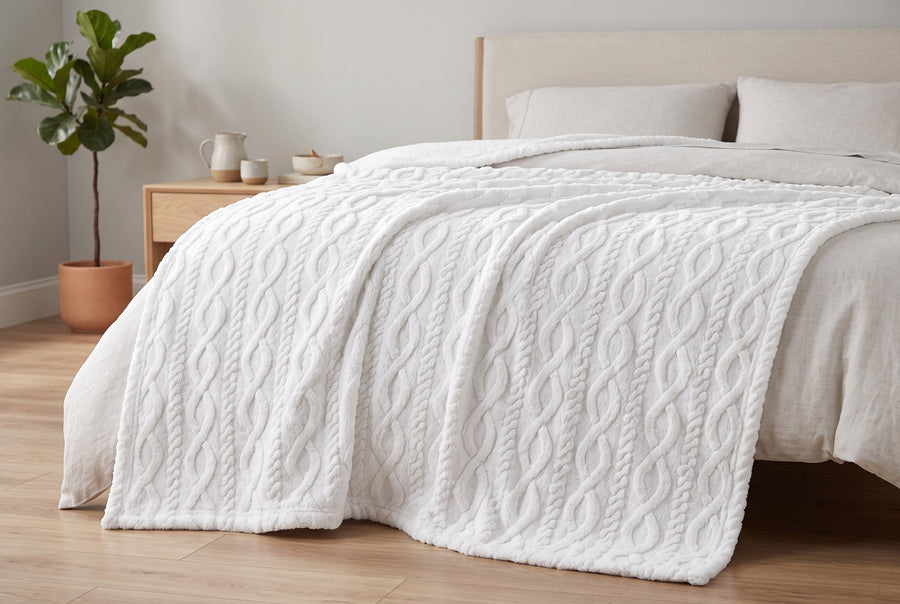 Cable Knit Sherpa Blanket, 80 x 88 in, Off White
