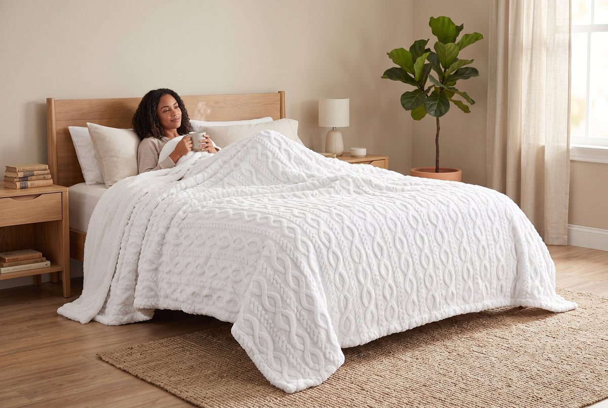 Cable Knit Sherpa Blanket, 80 x 88 in, Off White – view 2