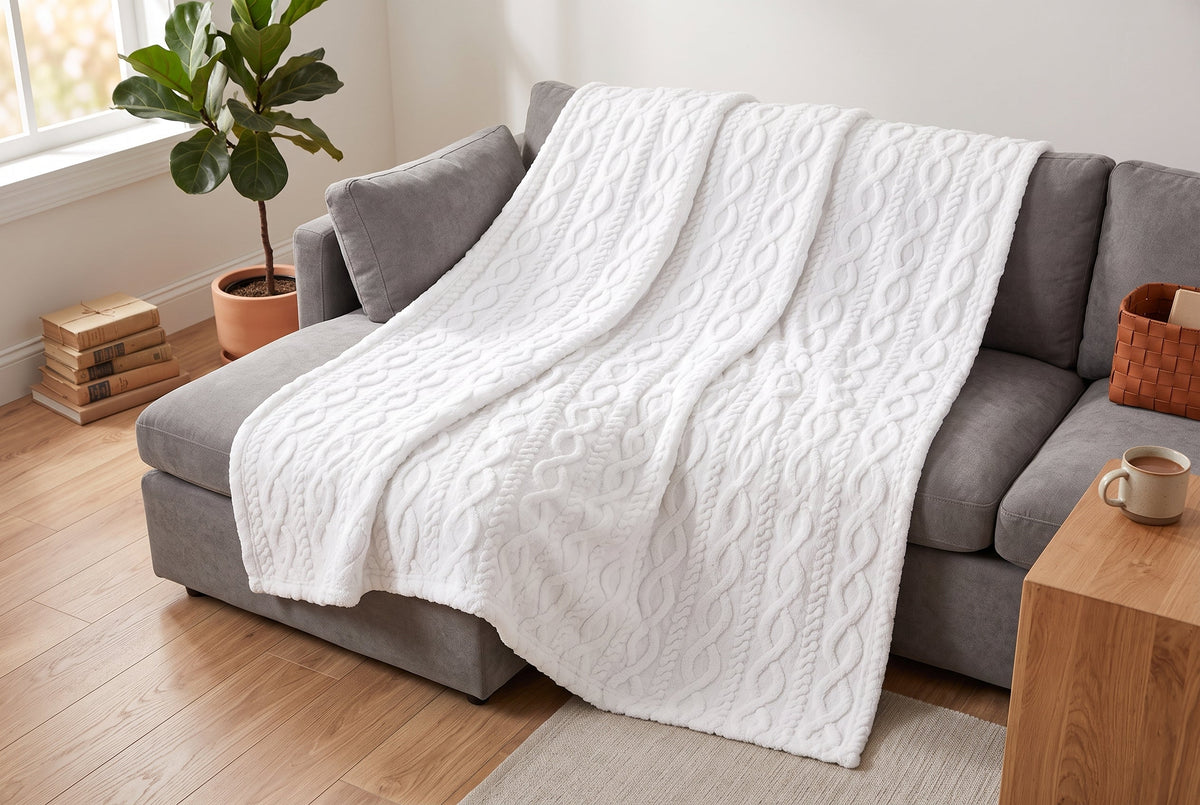Cable Knit Sherpa Blanket, 80 x 88 in, Off White – view 3