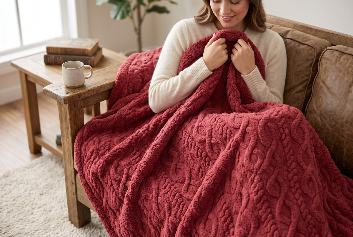 Cable Knit Sherpa Blanket, 80 x 88 in, Merlot Red – view 2