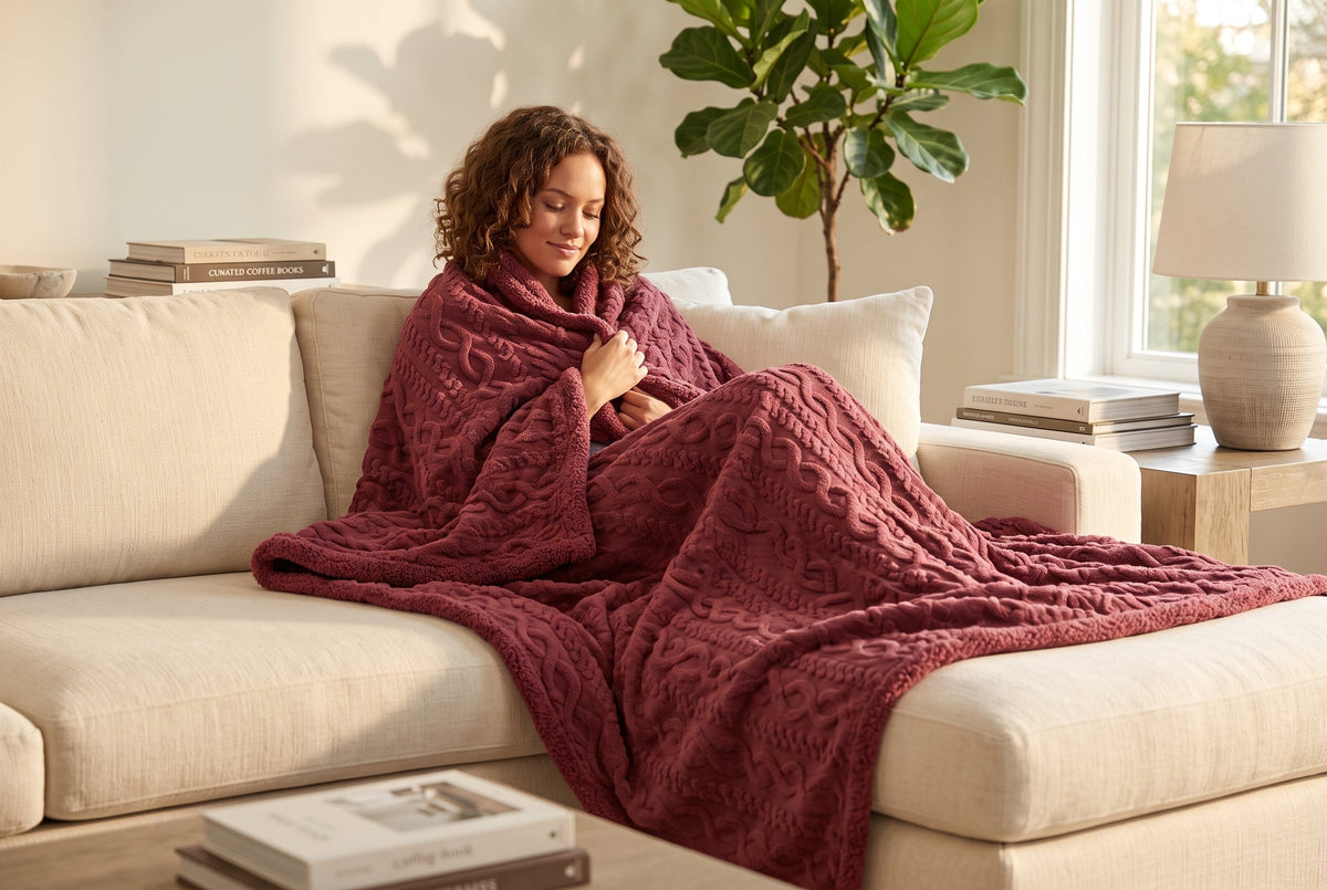 Cable Knit Sherpa Blanket, 80 x 88 in, Merlot Red – view 3