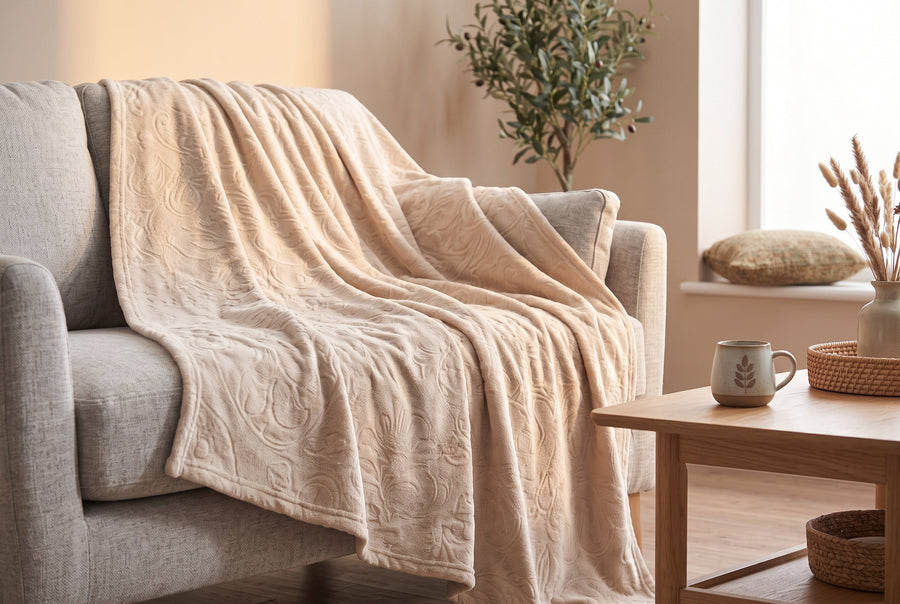 Embossed Baroque Flannel Throw Blanket, 48 x 60 in, Sand