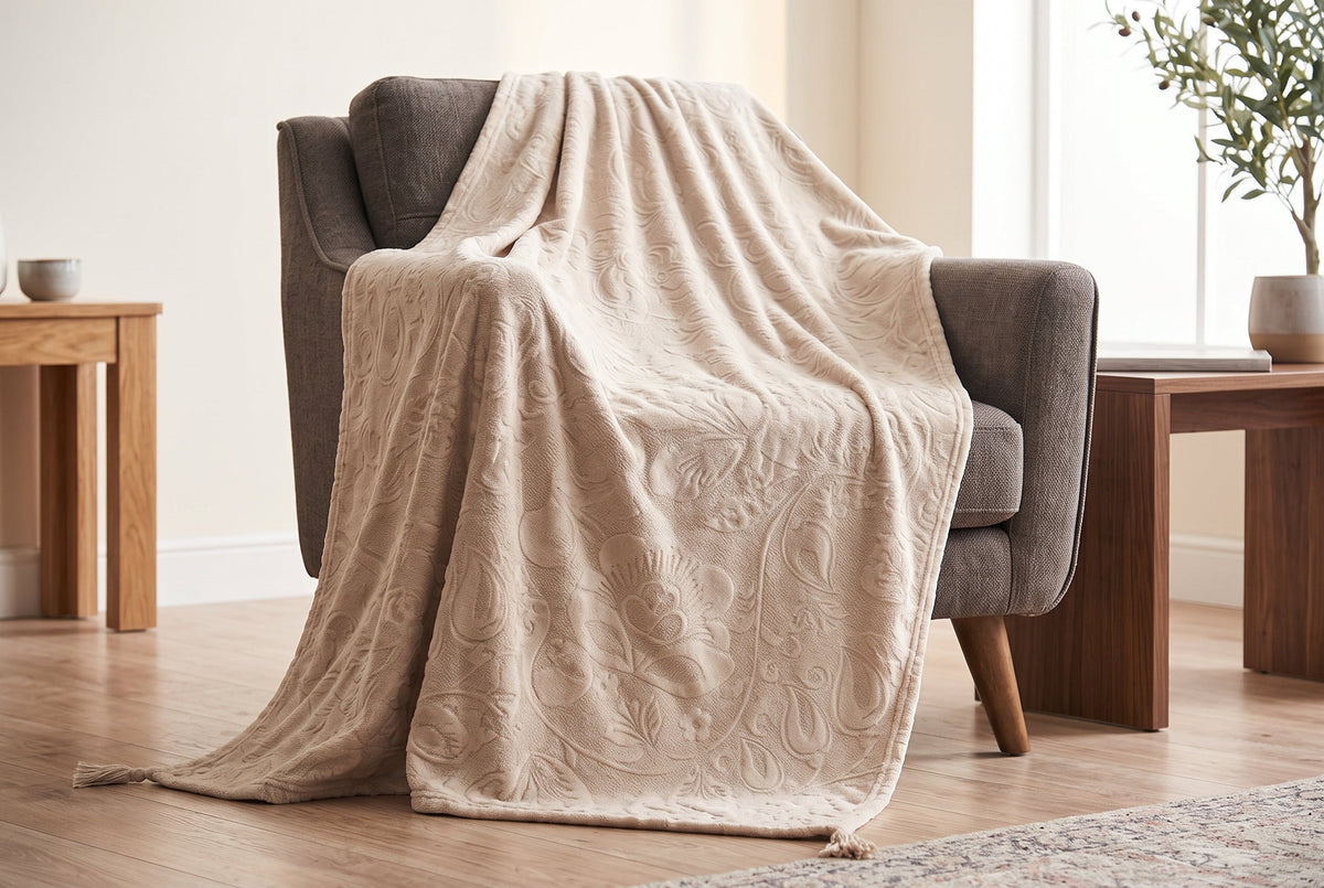 Embossed Baroque Flannel Throw Blanket, 48 x 60 in, Sand – view 3
