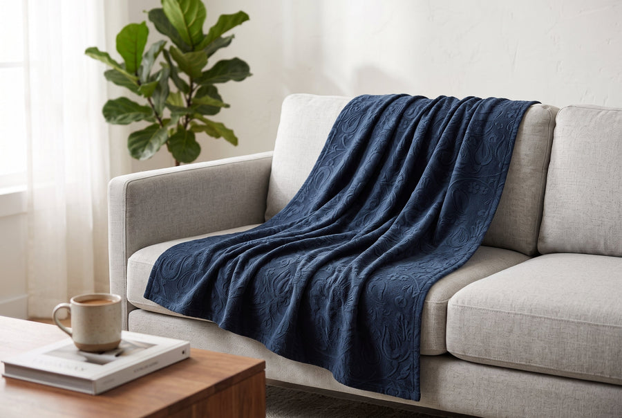 Embossed Baroque Flannel Throw Blanket, 48 x 60 in, Indigo