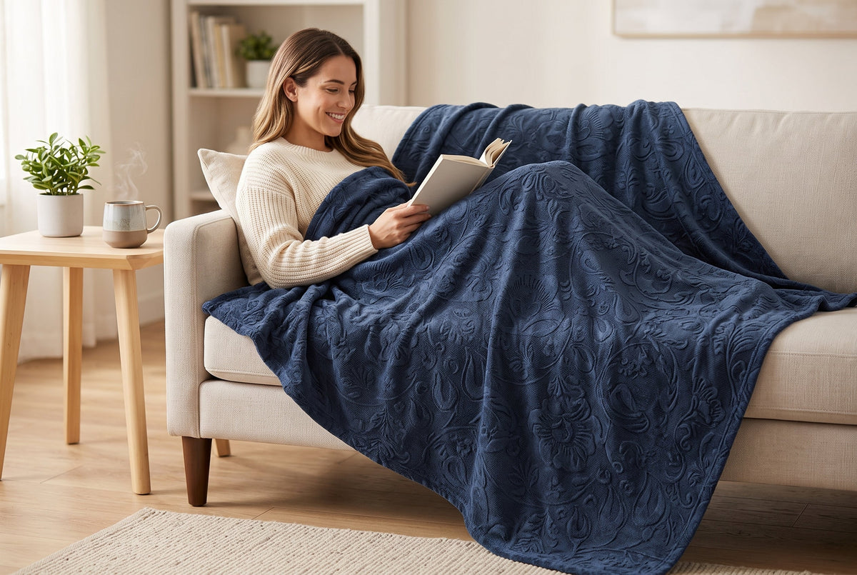 Embossed Baroque Flannel Throw Blanket, 48 x 60 in, Indigo – view 2