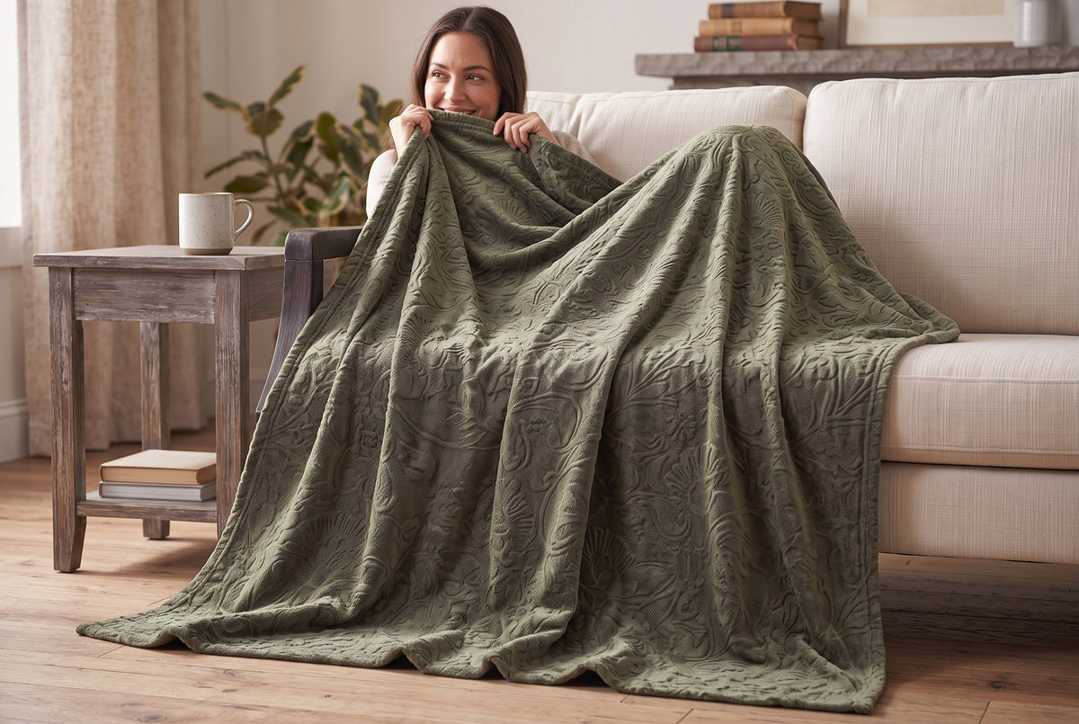 Embossed Baroque Flannel Throw Blanket, 48 x 60 in, Laurel Oak – view 3