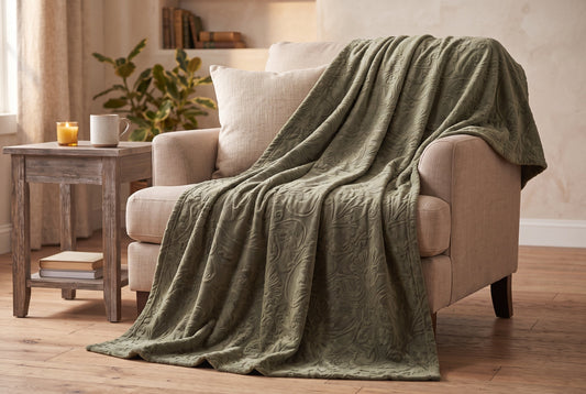 Embossed Baroque Flannel Throw Blanket, 48 x 60 in, Laurel Oak