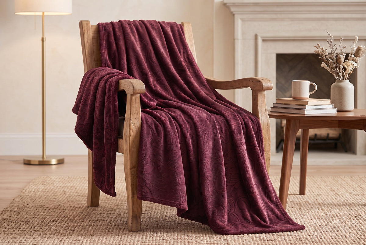 Embossed Baroque Flannel Throw Blanket, 48 x 60 in, Port Red