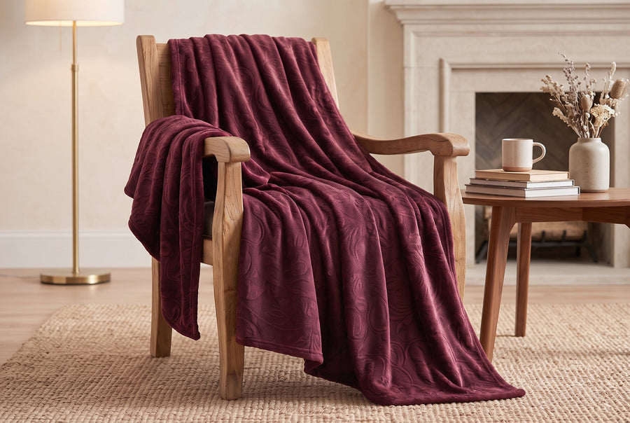 Embossed Baroque Flannel Throw Blanket, 48 x 60 in, Port Red