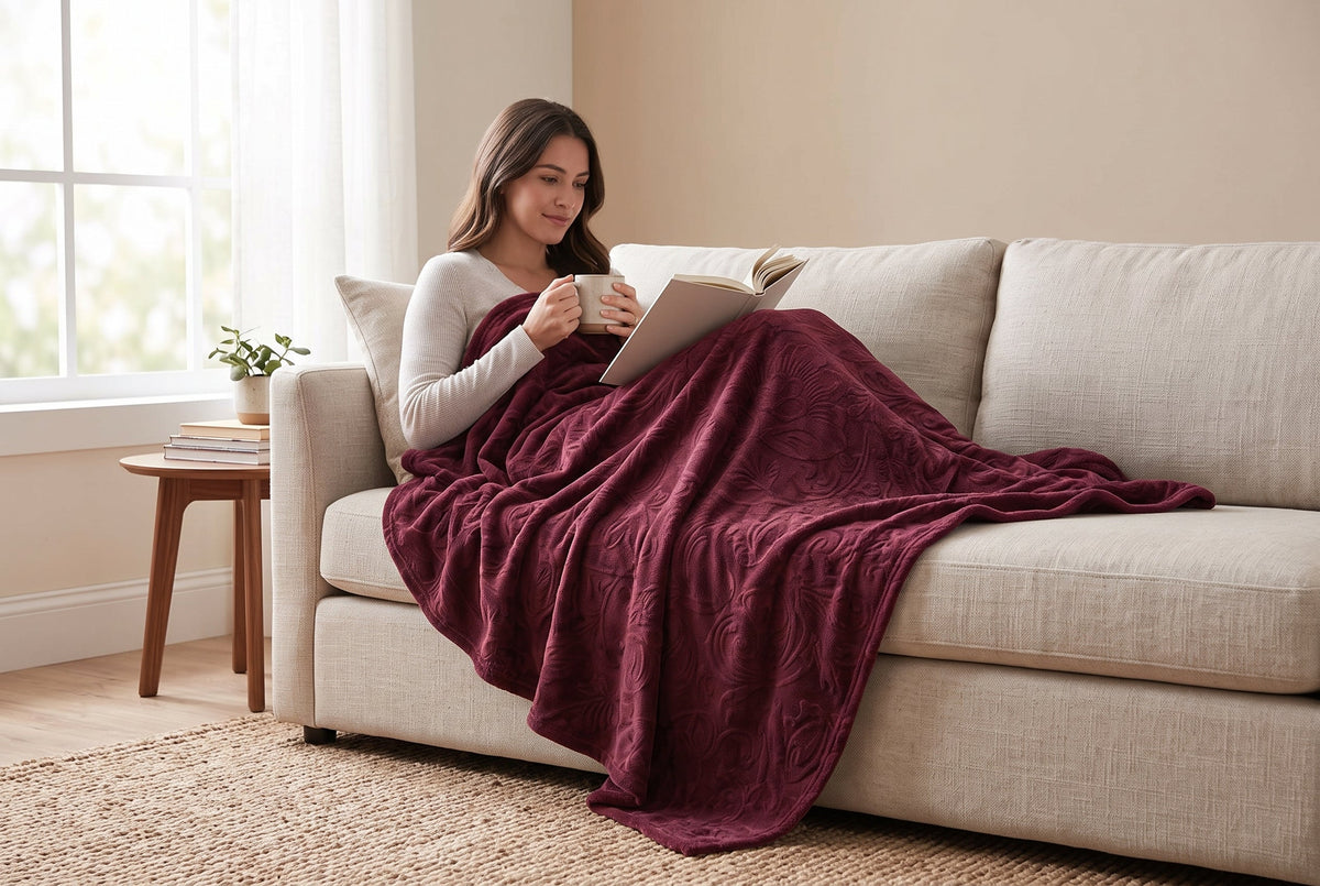 Embossed Baroque Flannel Throw Blanket, 48 x 60 in, Port Red – view 2