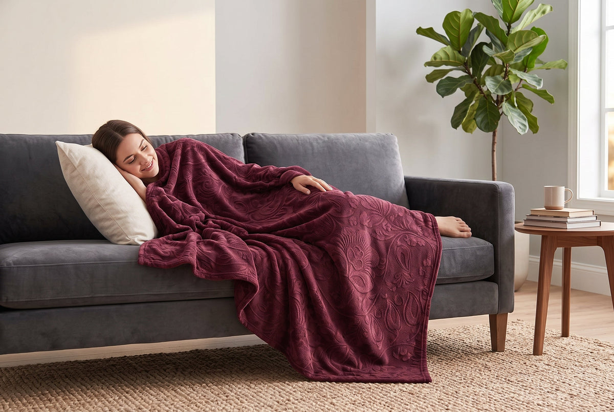 Embossed Baroque Flannel Throw Blanket, 48 x 60 in, Port Red – view 3