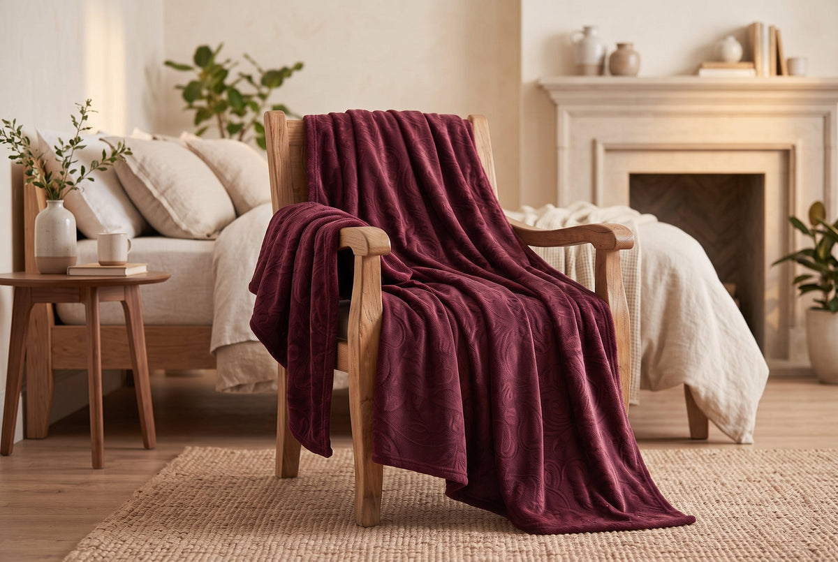 Embossed Baroque Flannel Throw Blanket, 48 x 60 in, Port Red – view 4