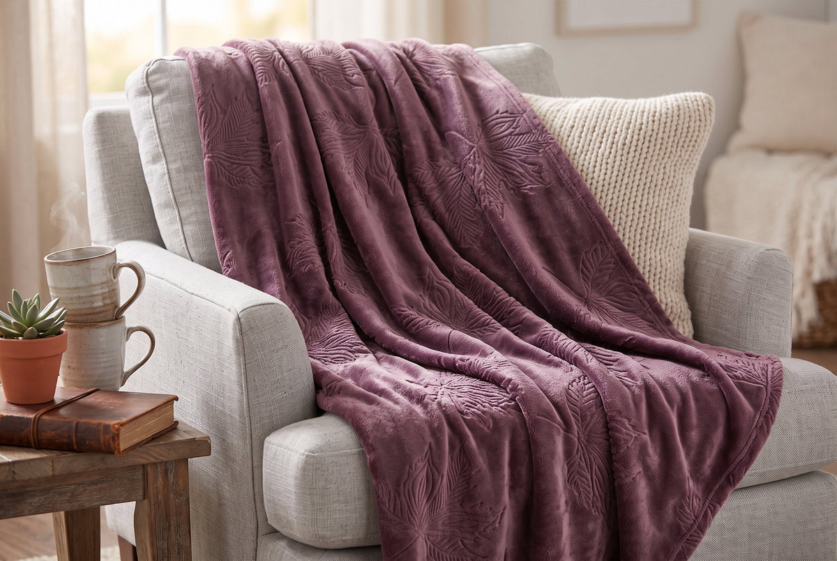 Embossed Maple Leaf Flannel Throw Blanket, 48 x 60 in, Deep Mauve