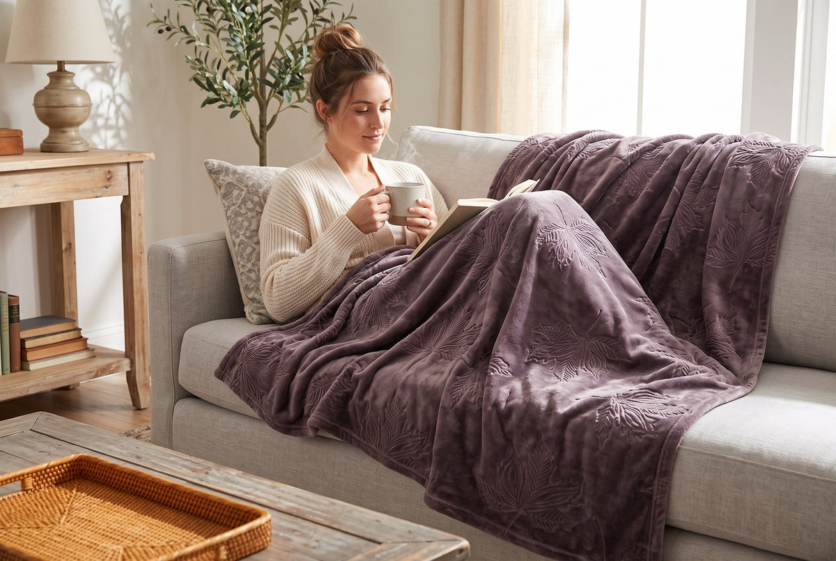 Embossed Maple Leaf Flannel Throw Blanket, 48 x 60 in, Deep Mauve – view 2