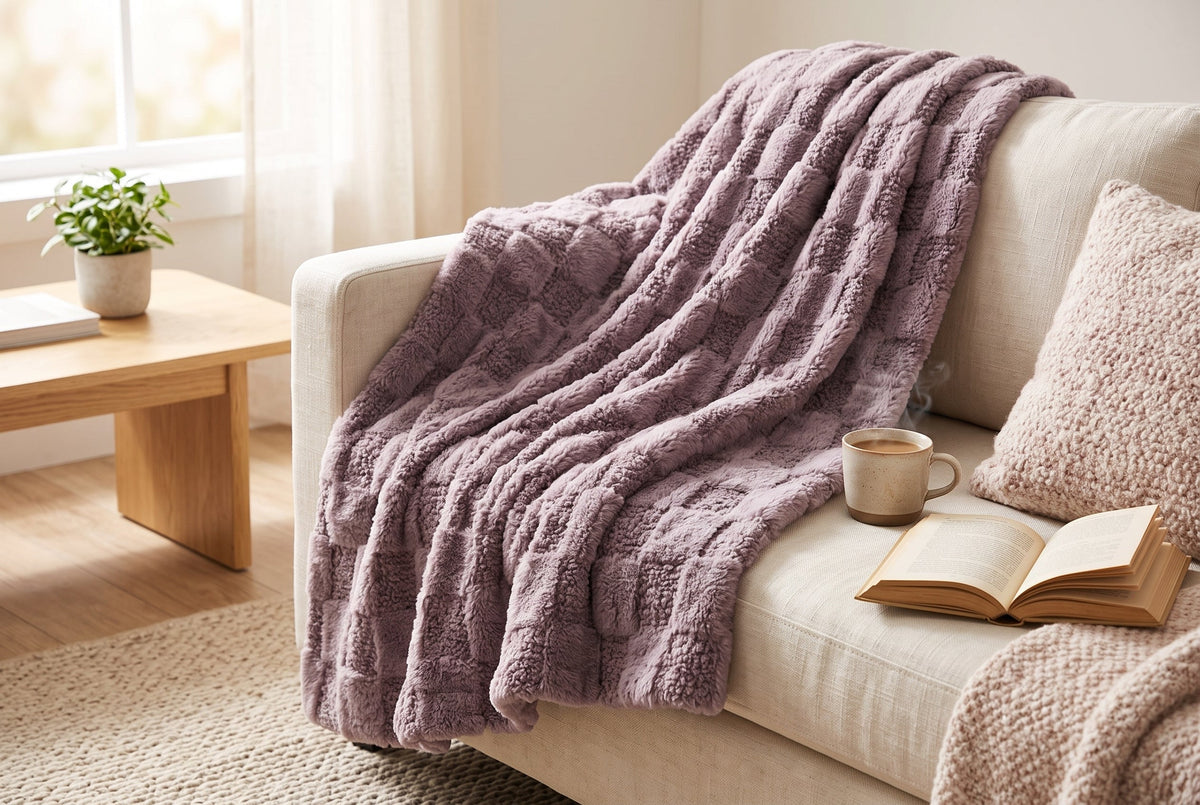 Teddy Faux Fur Throw Blanket with Sherpa Back, 48 x 60 in, Mauve