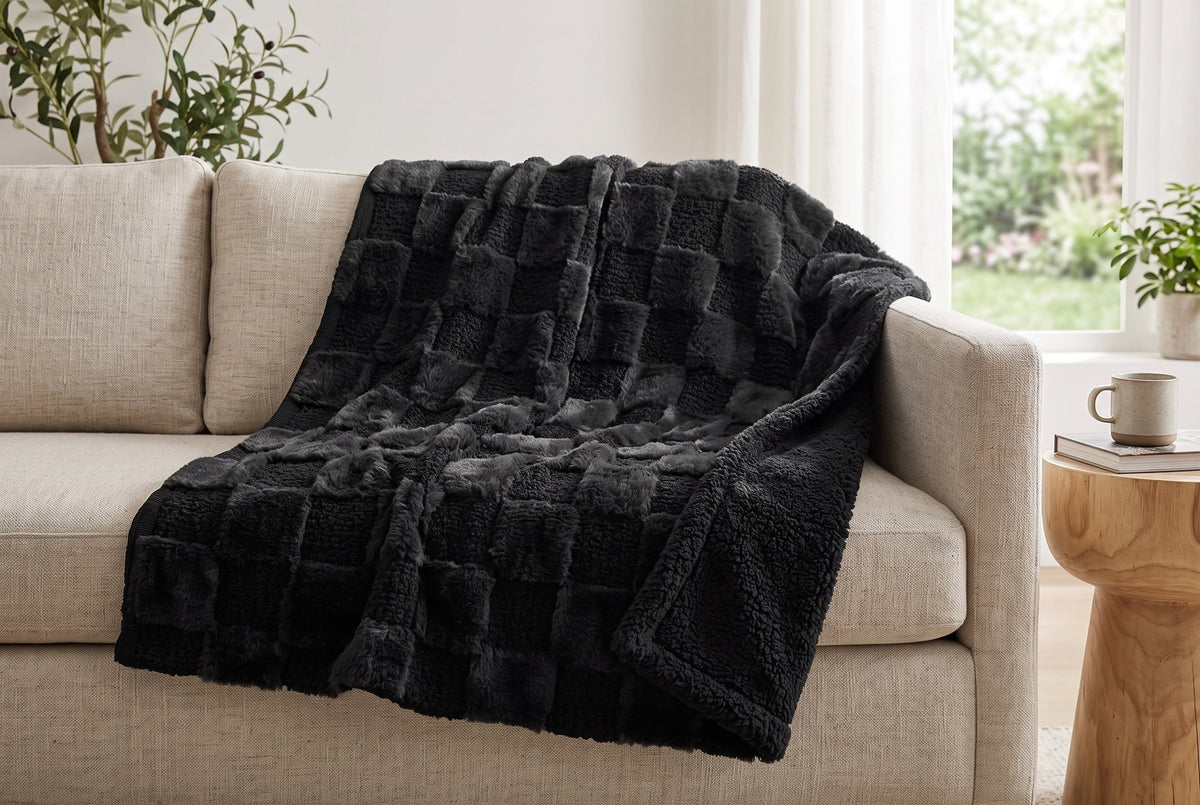 Teddy Faux Fur Throw Blanket with Sherpa Back, 48 x 60 in, Black