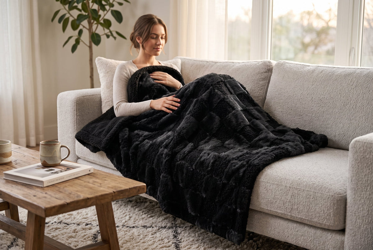 Teddy Faux Fur Throw Blanket with Sherpa Back, 48 x 60 in, Black – view 2