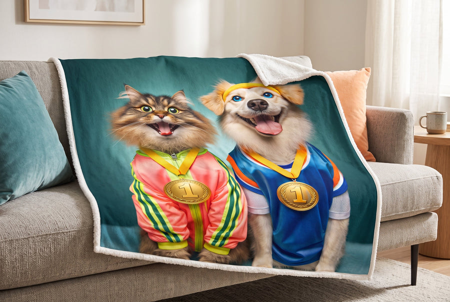 Photo-Real Cat and Dog Champions Sherpa Throw Blanket, 48 x 60 in