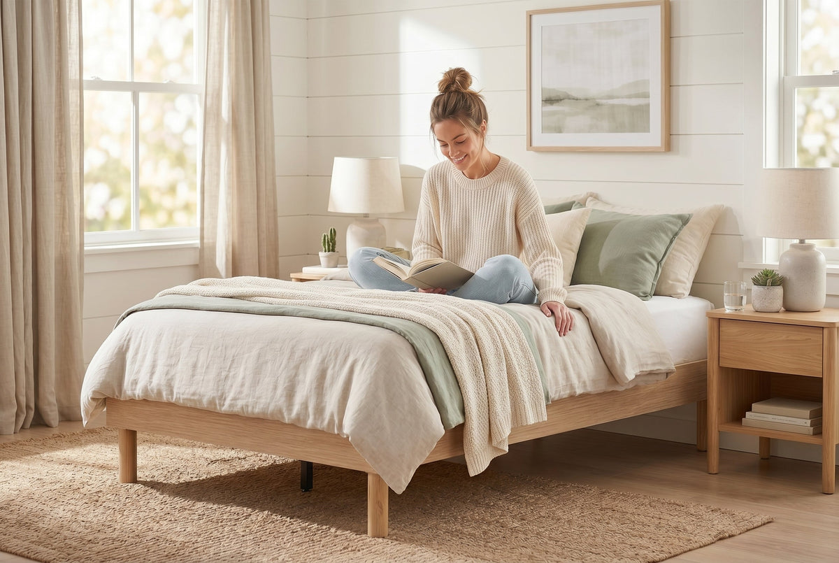 Twin Low-Profile Platform Bed Frame, Natural Oak-Look – view 3